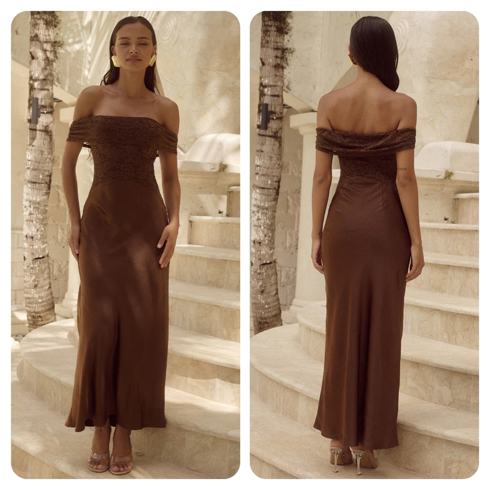 Runaway The Label Amoret Lace Off Shoulder Evening Midi Dress Brown Large